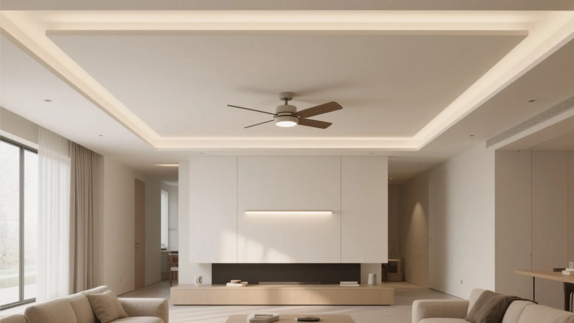 Bright living room featuring floating wall panel ceiling fan large windows and light wood furniture