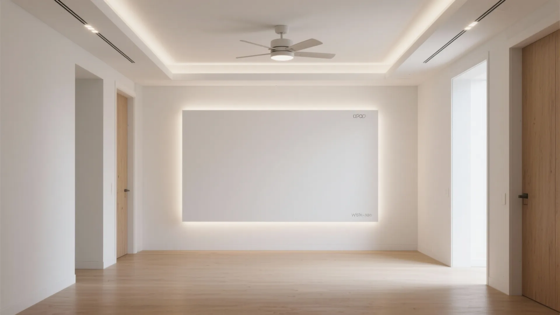 Modern empty room with white walls wood floor ceiling fan and a glowing wall panel