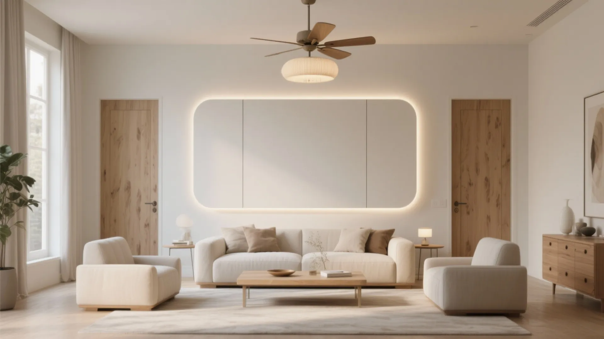 Living room with backlit wall panel, white sofa, two armchairs, coffee table and ceiling fan