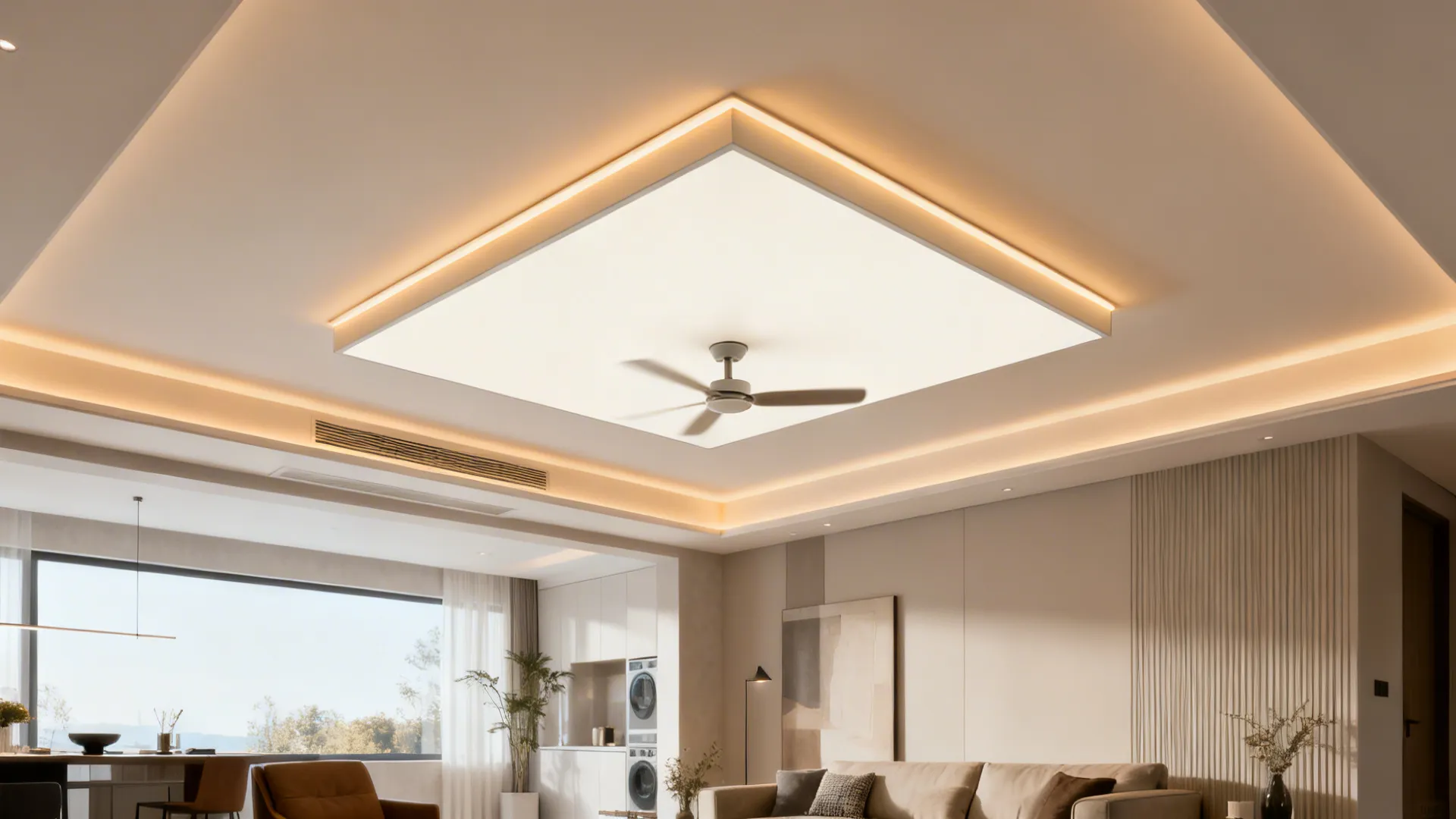 Floating center ceiling panel with warm backlit perimeter and fan mount in a modern living room.