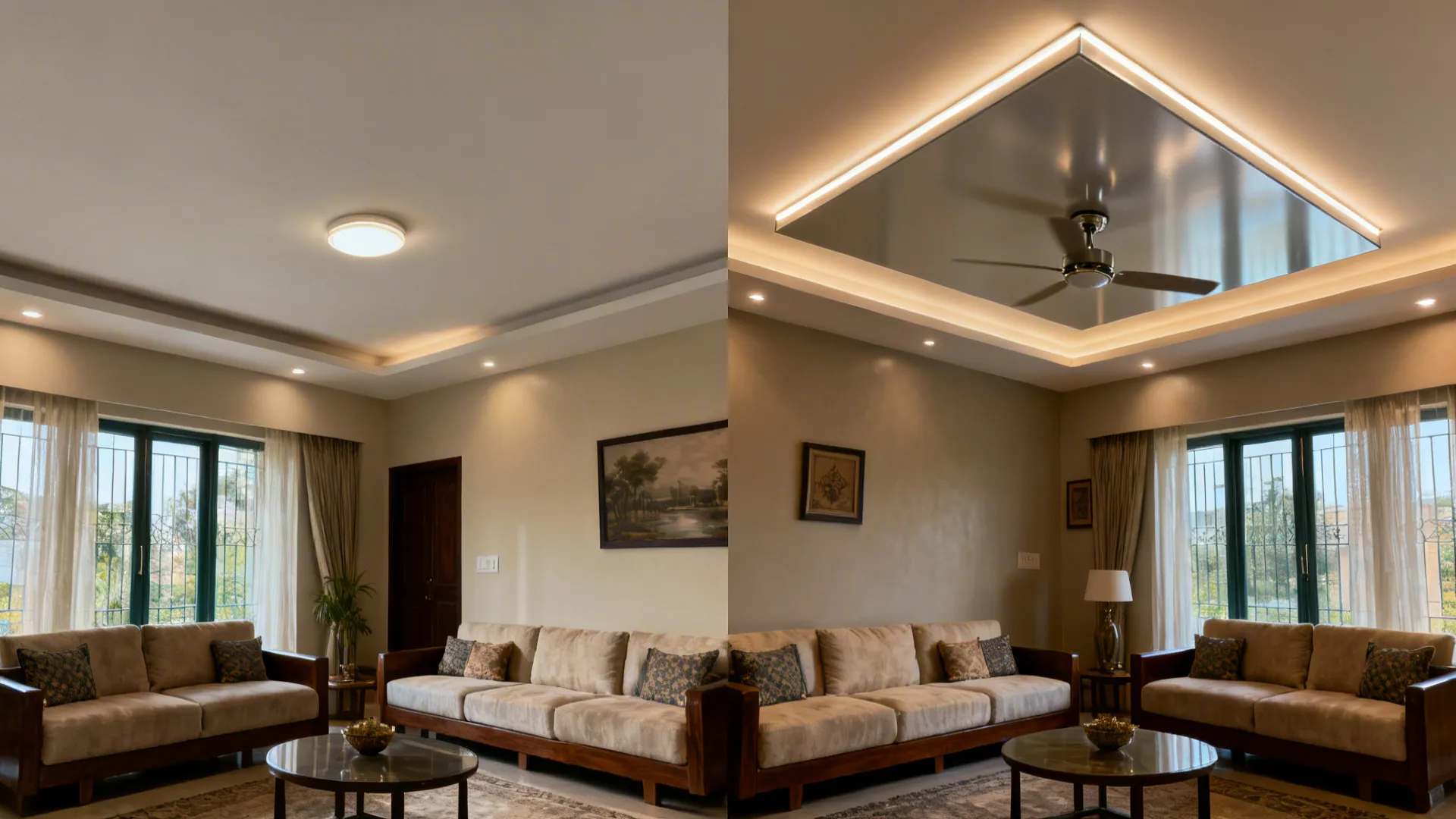 Before-and-after of a living room ceiling from flat to a floating backlit center panel.