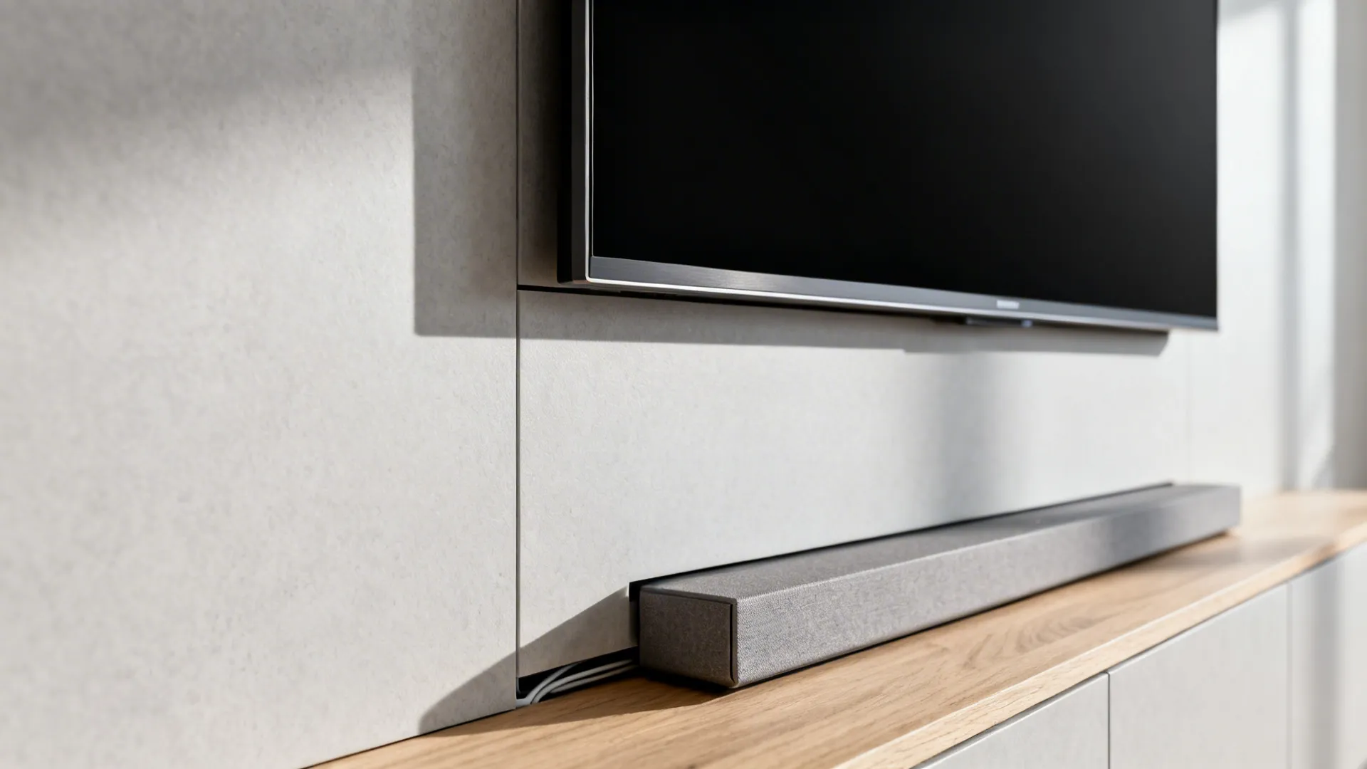 Macro view of a matte floating TV panel with a hidden cable raceway and slim shadow gap.