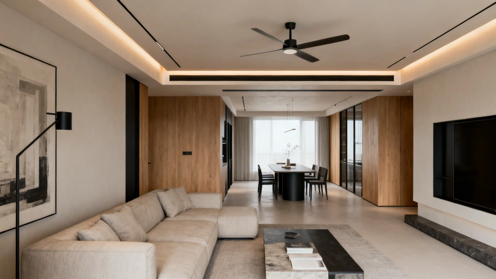 Floating linear ceiling panel with hidden LEDs and a centered slim ceiling fan.