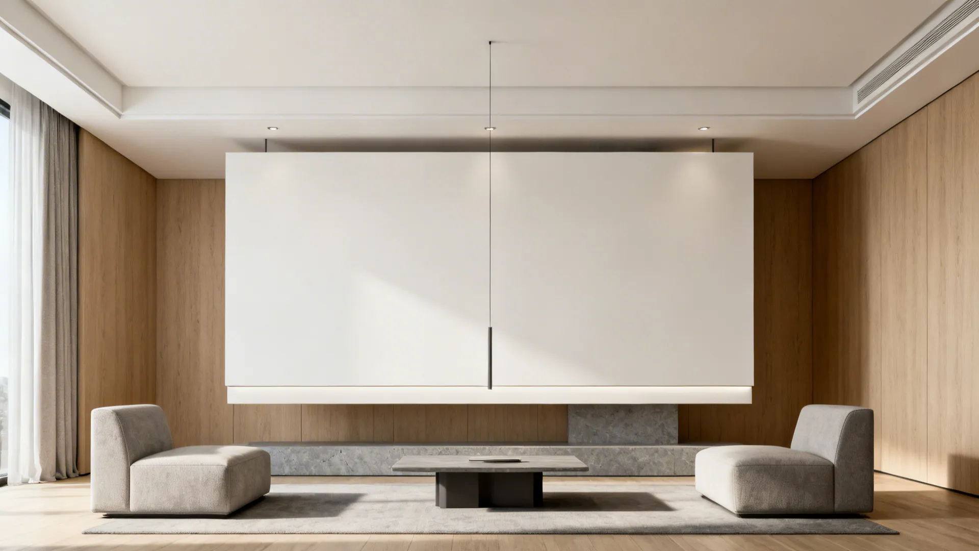 Living room with a slim central floating ceiling panel and clean shadow gap.