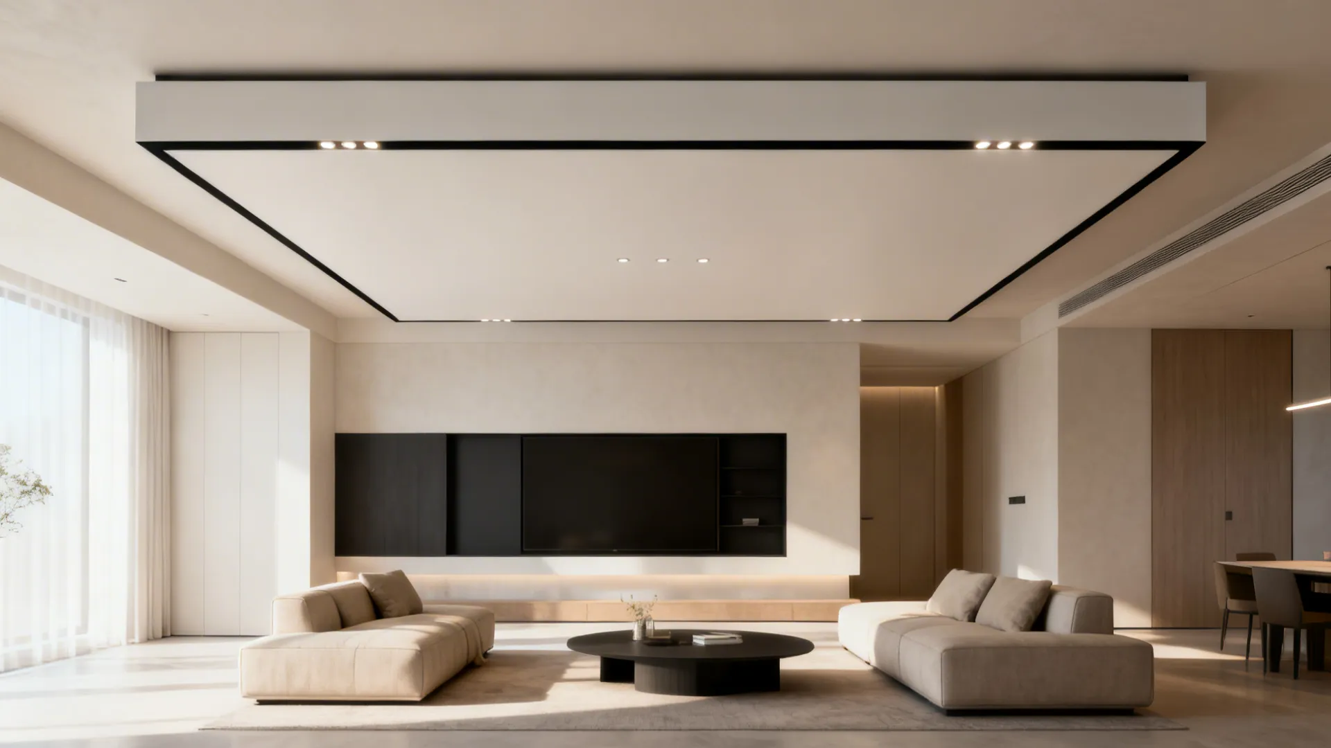 Floating POP ceiling panel with a uniform matte black shadow gap around the room.