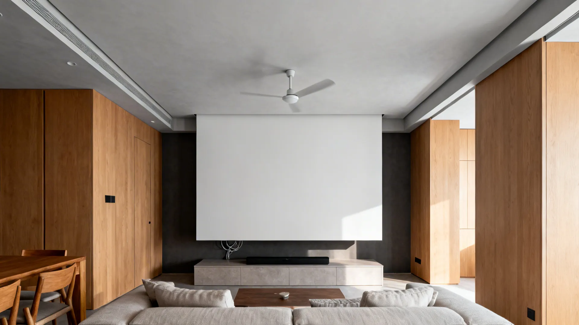 Central floating POP panel with even shadow gaps framing a small living room.