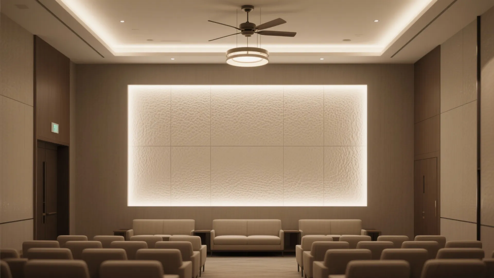 Small theater room with rows of chairs glowing wall panel and a ceiling fan light