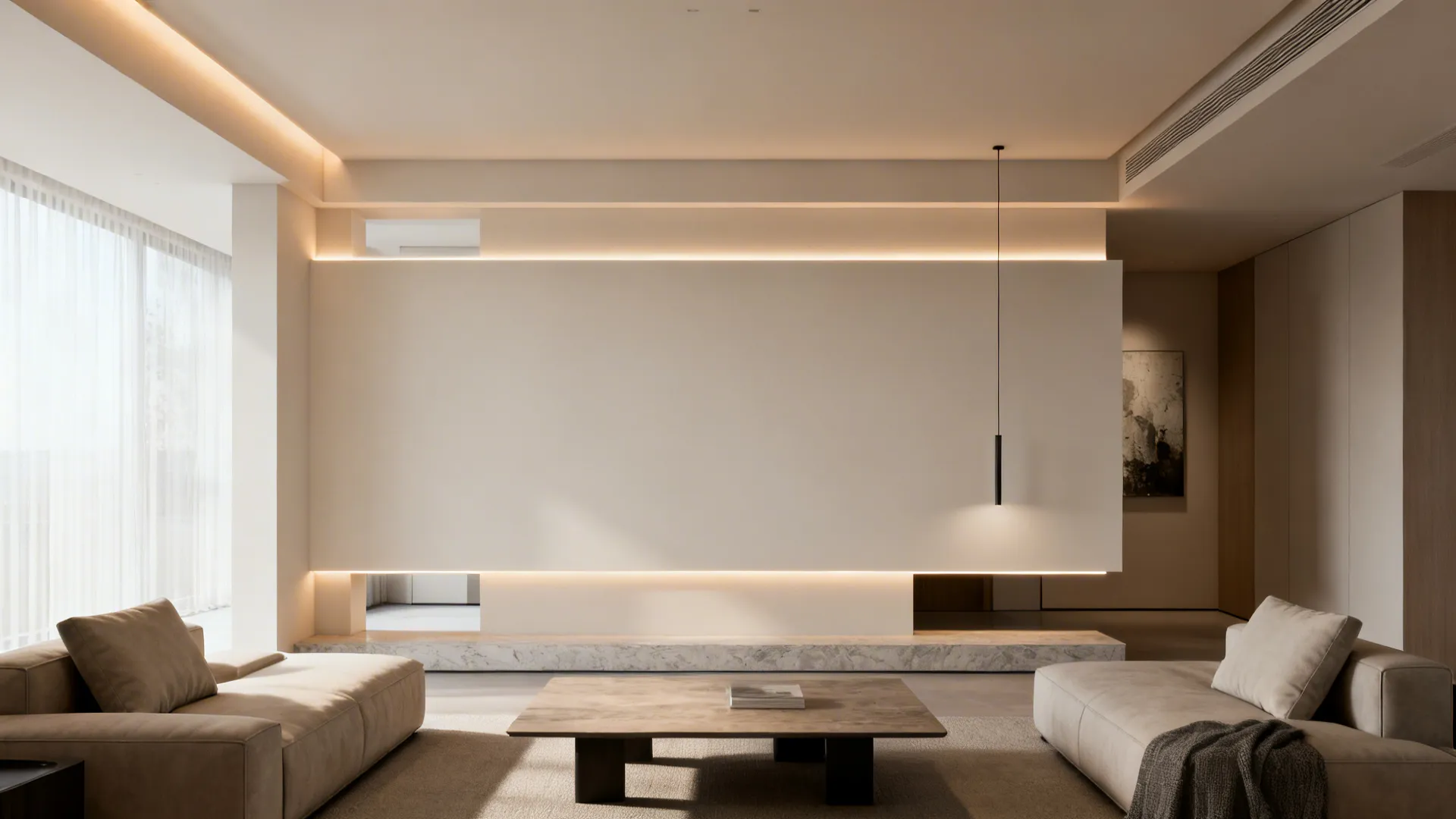 Floating ceiling panel with 1-inch shadow gap and LED halo over seating.