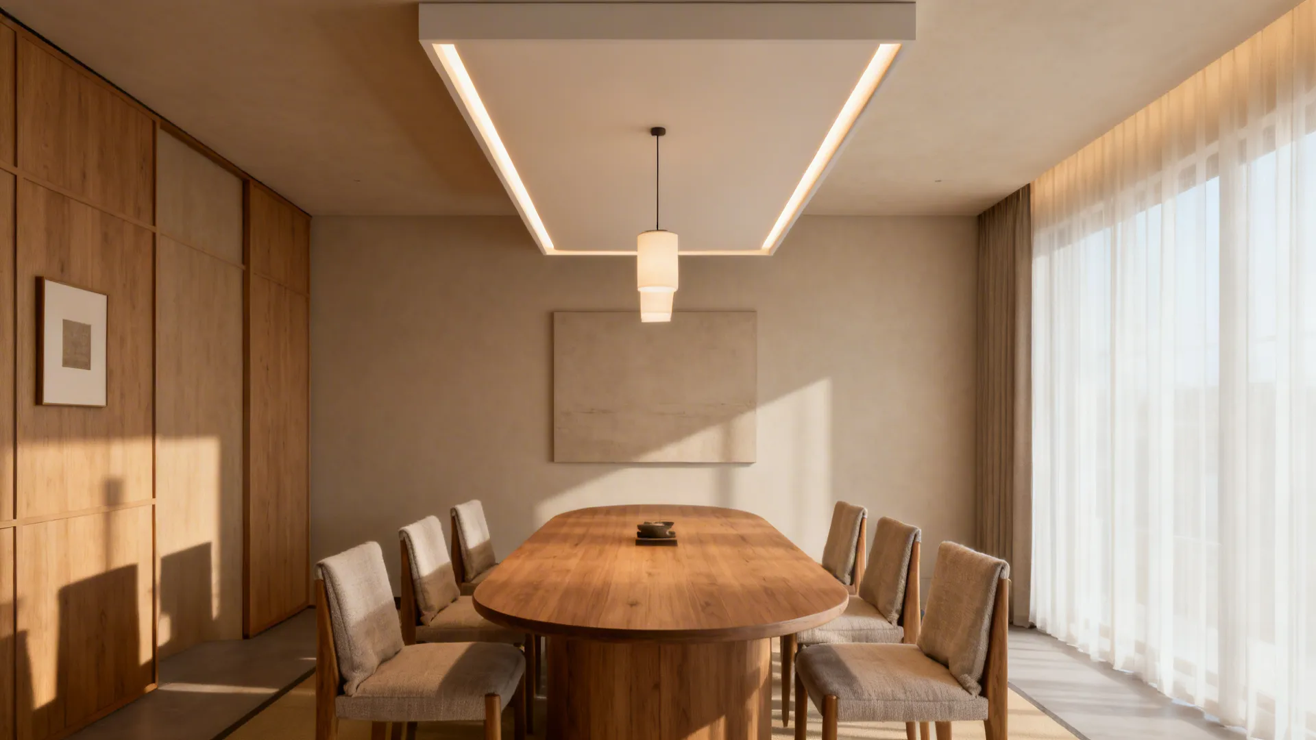 Dining room with a central floating ceiling panel and knife-edge reveals.