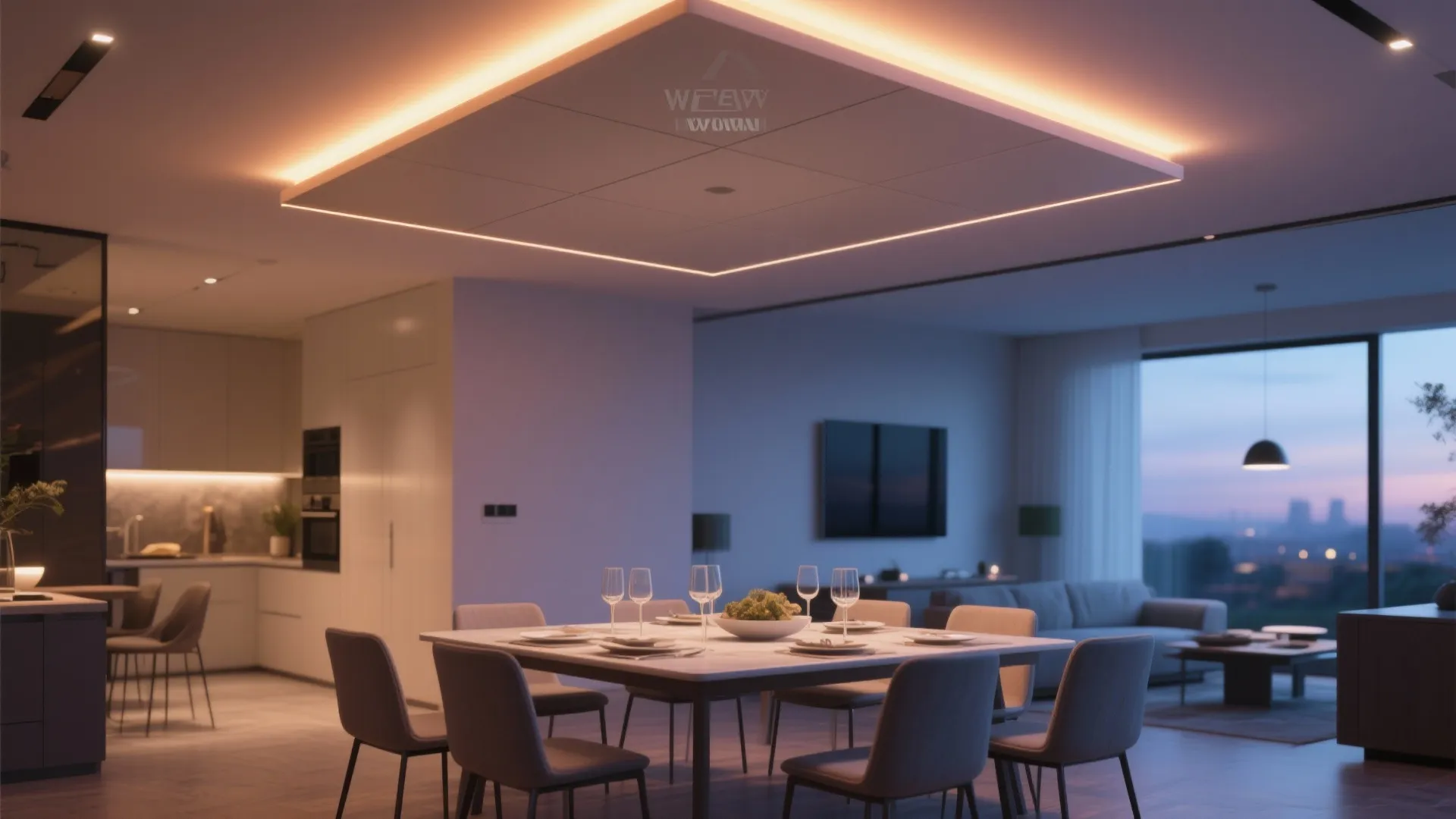 Modern dining room with glowing ceiling panel light above a table with chairs and kitchen