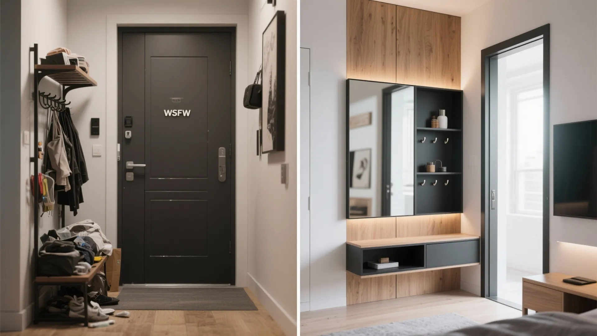 Floating panel with integrated mirror and hidden cubbies