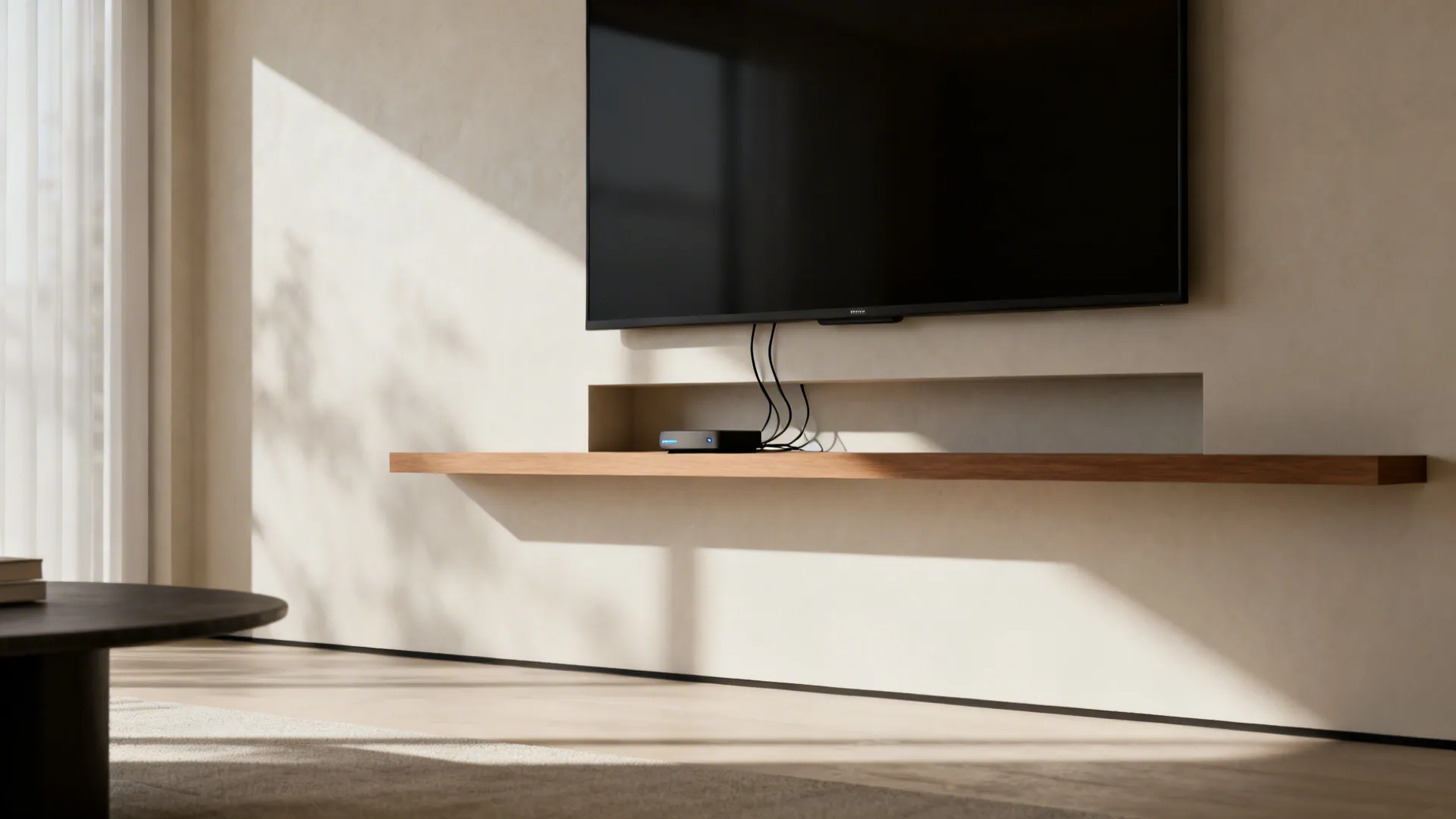 Slim recessed niche behind a wall-mounted TV with a floating panel hiding a streaming device and cables