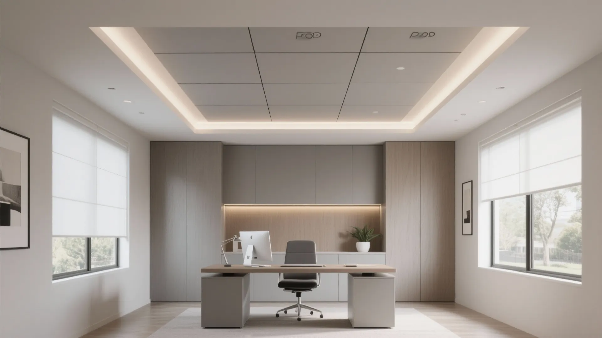 Minimalist home office with wooden desk grey cabinets modern ceiling panel design and large bright windows