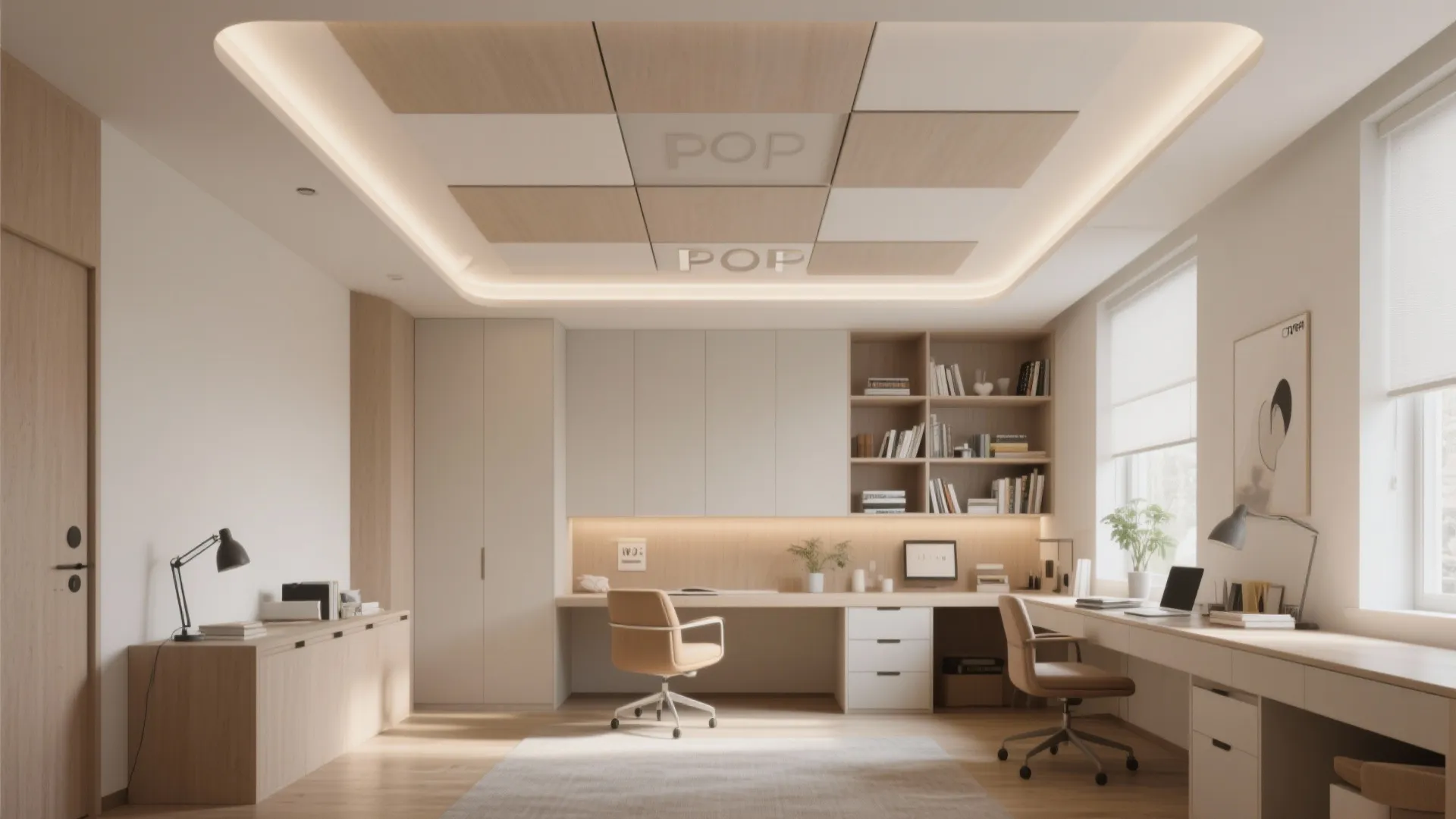 Home office with a long desk two chairs wooden cabinets and creative square ceiling panels