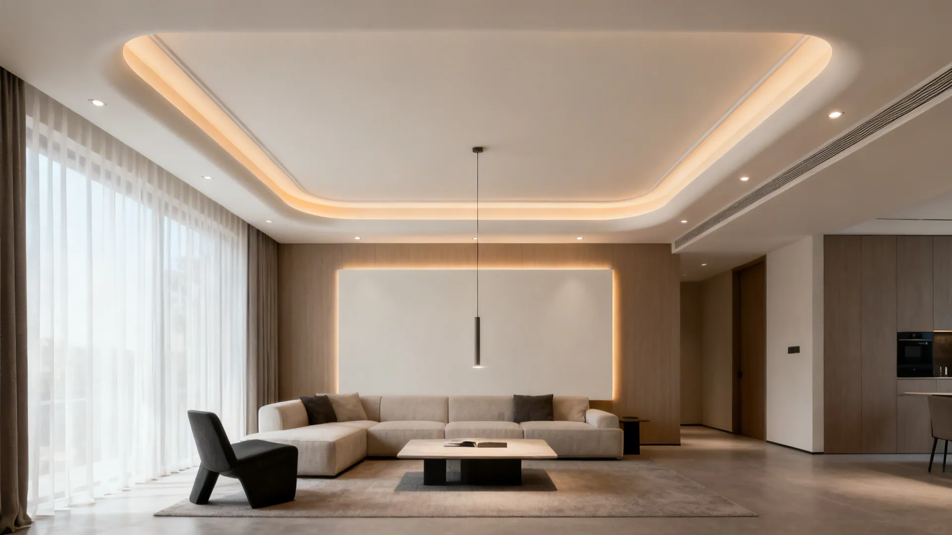 Modern living room with sofa coffee table wall panel hanging light and warm ceiling light