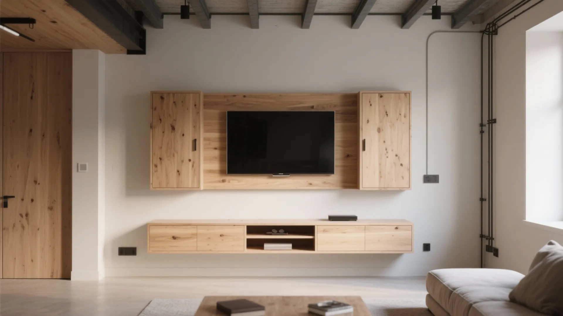 Wall mounted television on wooden panel with side cabinets and a long floating wooden storage unit