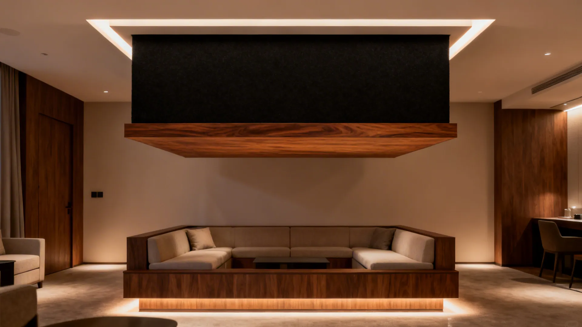 Small living room with a central floating ceiling panel and warm perimeter wash lighting.