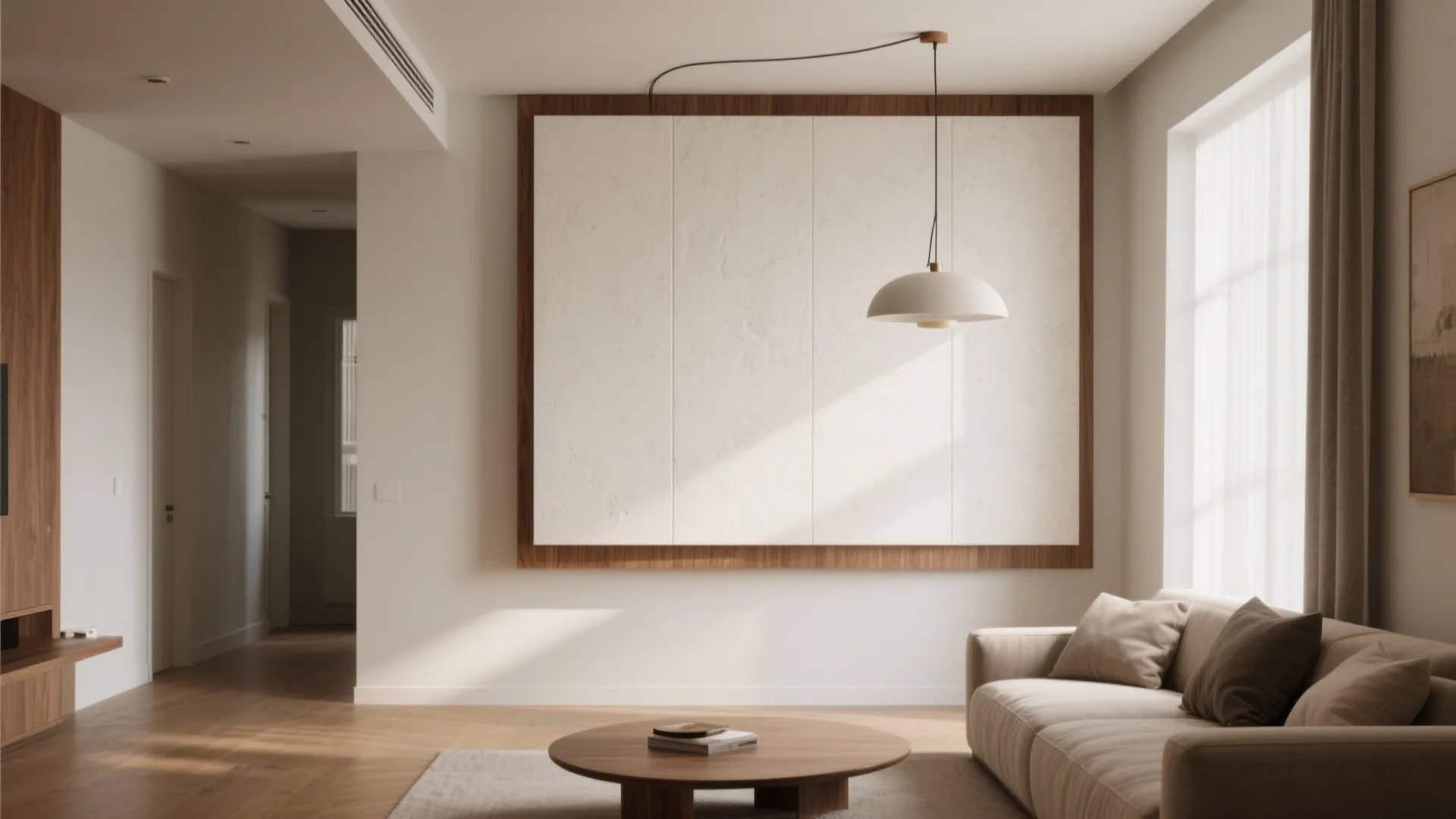 Minimalist living room featuring a large white wall panel with wood frame and white hanging light