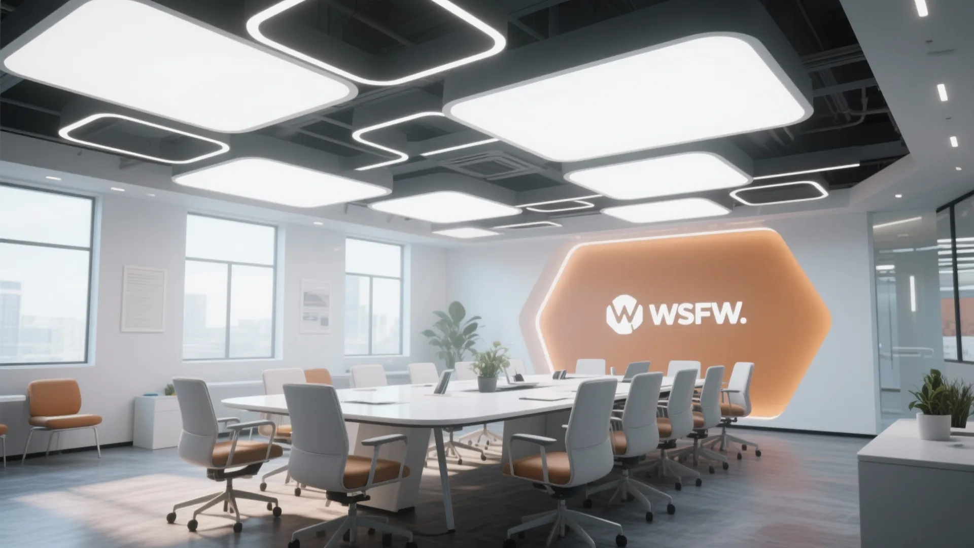 Bright office conference room with large square ceiling light panels and white chairs with orange