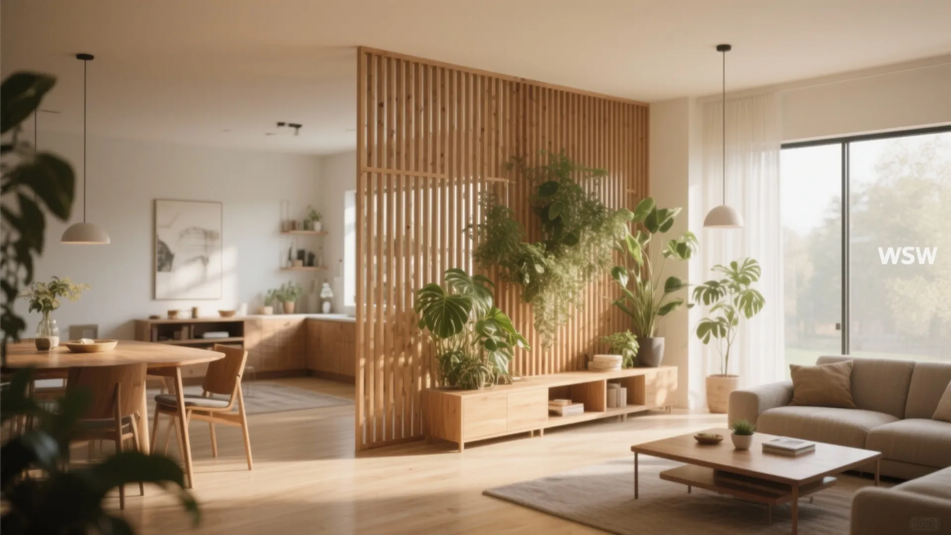 Interior design featuring a wooden slat room divider between a dining area and a living room