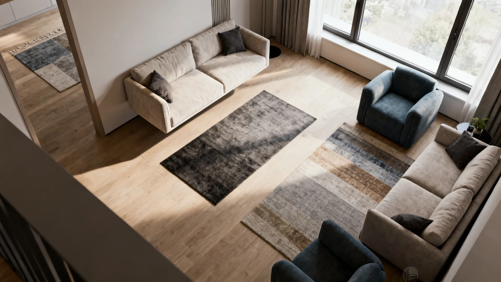 Top down view of living room with two sofas blue armchairs and several patterned rugs