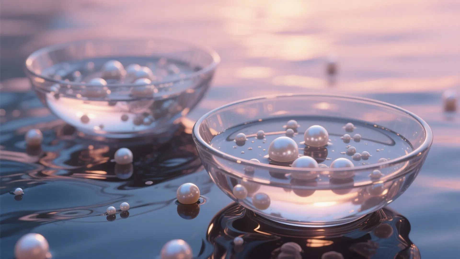 Glass bowls with floating white pearls on water reflecting sunset light for a centerpiece decoration