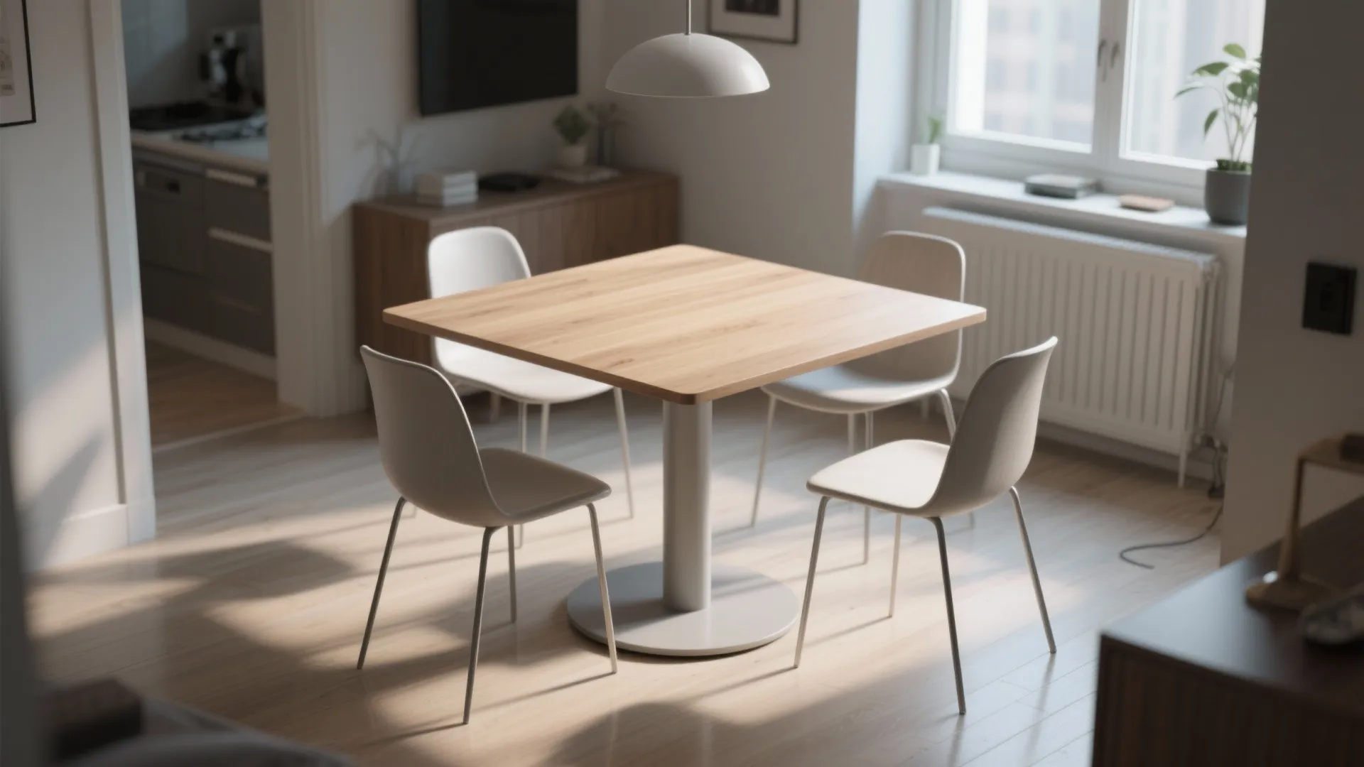 3. Floating pedestal table for tighter circulation
