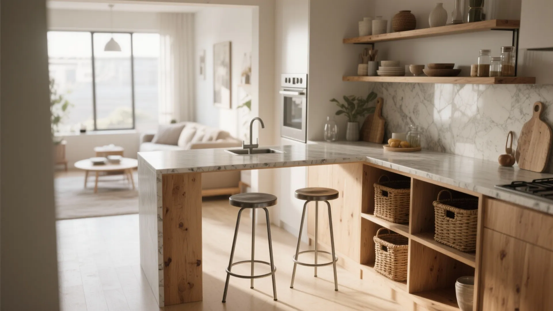 Modern kitchen with marble extended counter wooden cabinets metal stools open shelves and blurred room
