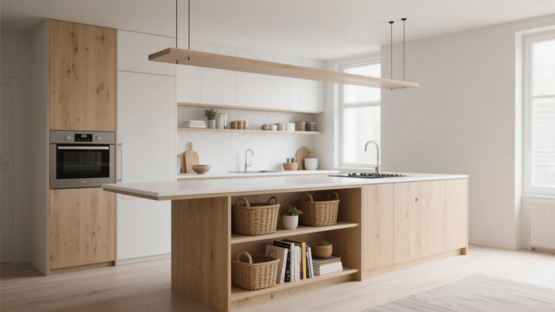 Minimalist wooden kitchen island with open shelves containing baskets and books under a long ceiling light