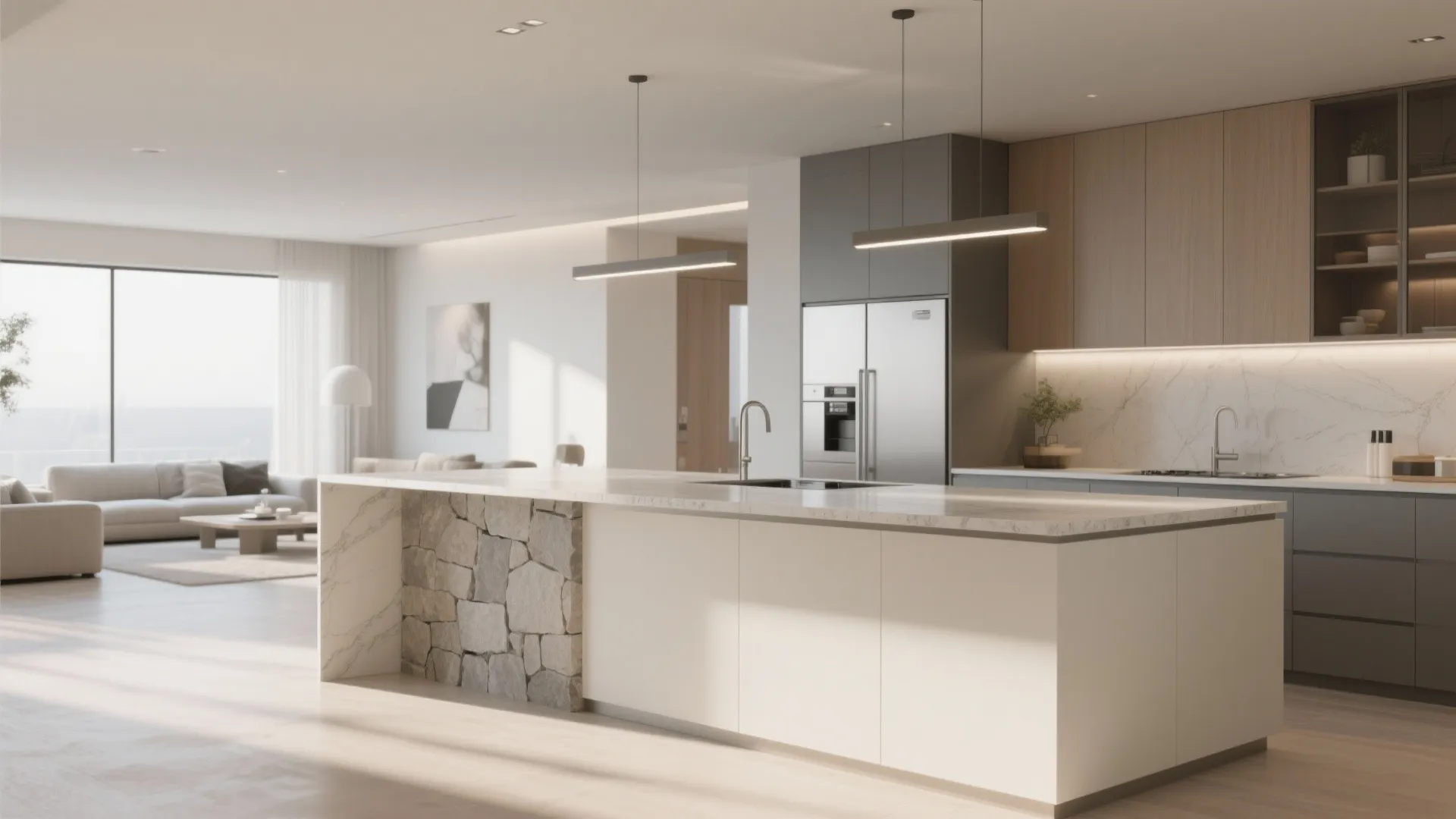 Modern white kitchen island with stone side panel in open plan living room layout design