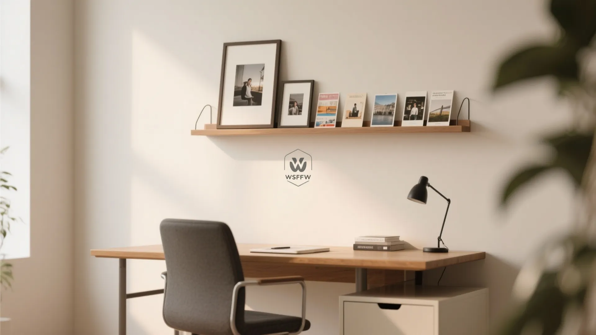 Wooden wall shelf holding framed photos and small books above a minimalist desk and chair