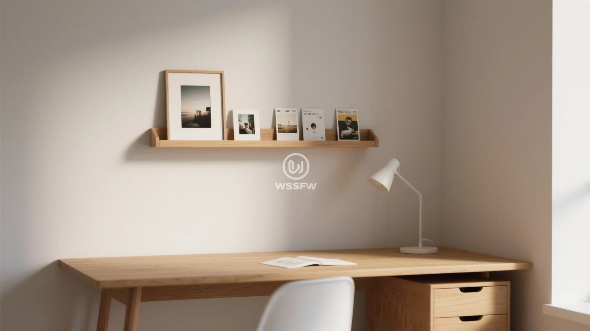 Wooden wall shelf holding small pictures above a desk with a white lamp and chair