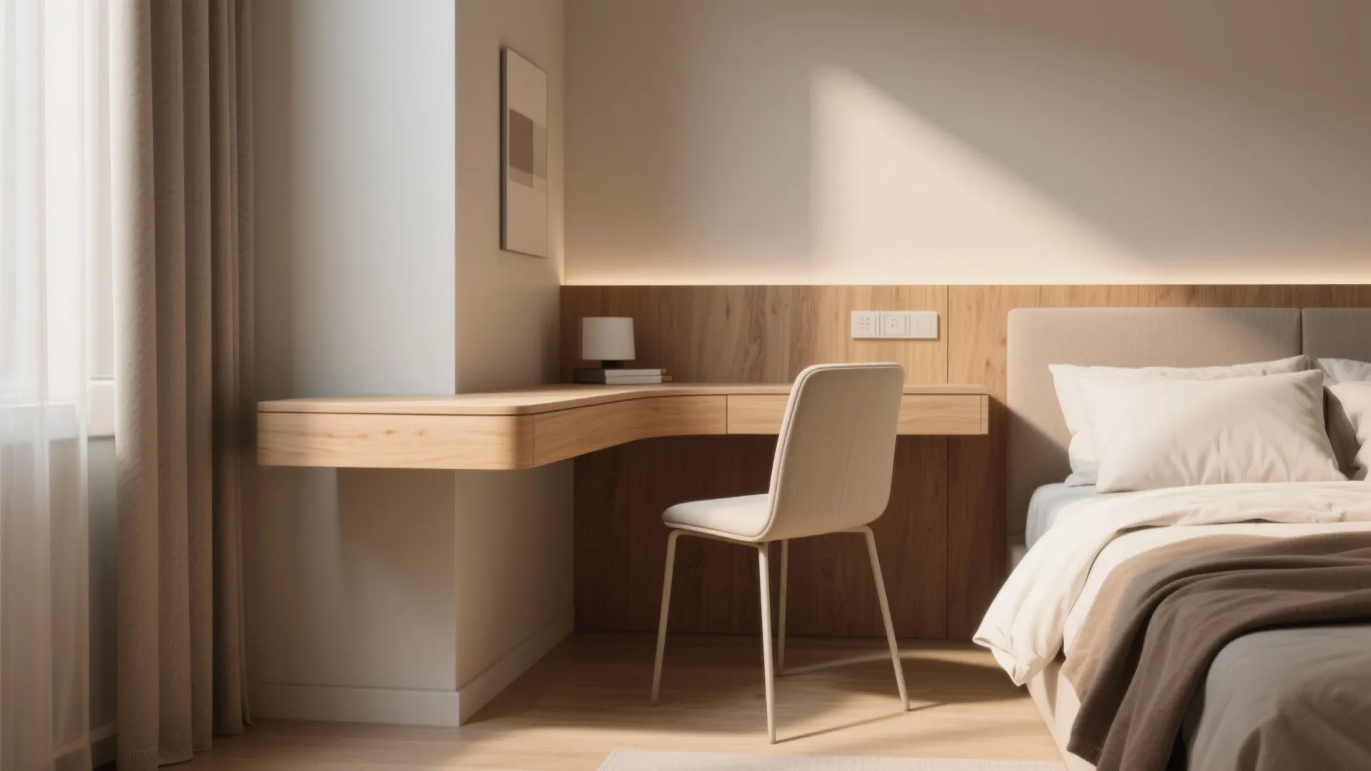 Floating nightstand and narrow-profile furniture creating visual depth and wider walkways in a small bedroom
