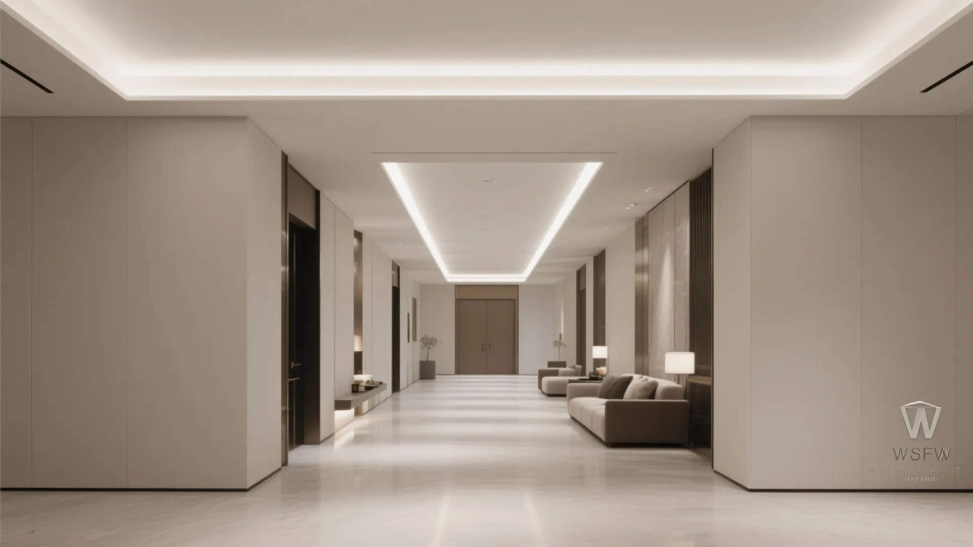 Minimalist hall with a thin floating ceiling plane and a recessed central light channel.