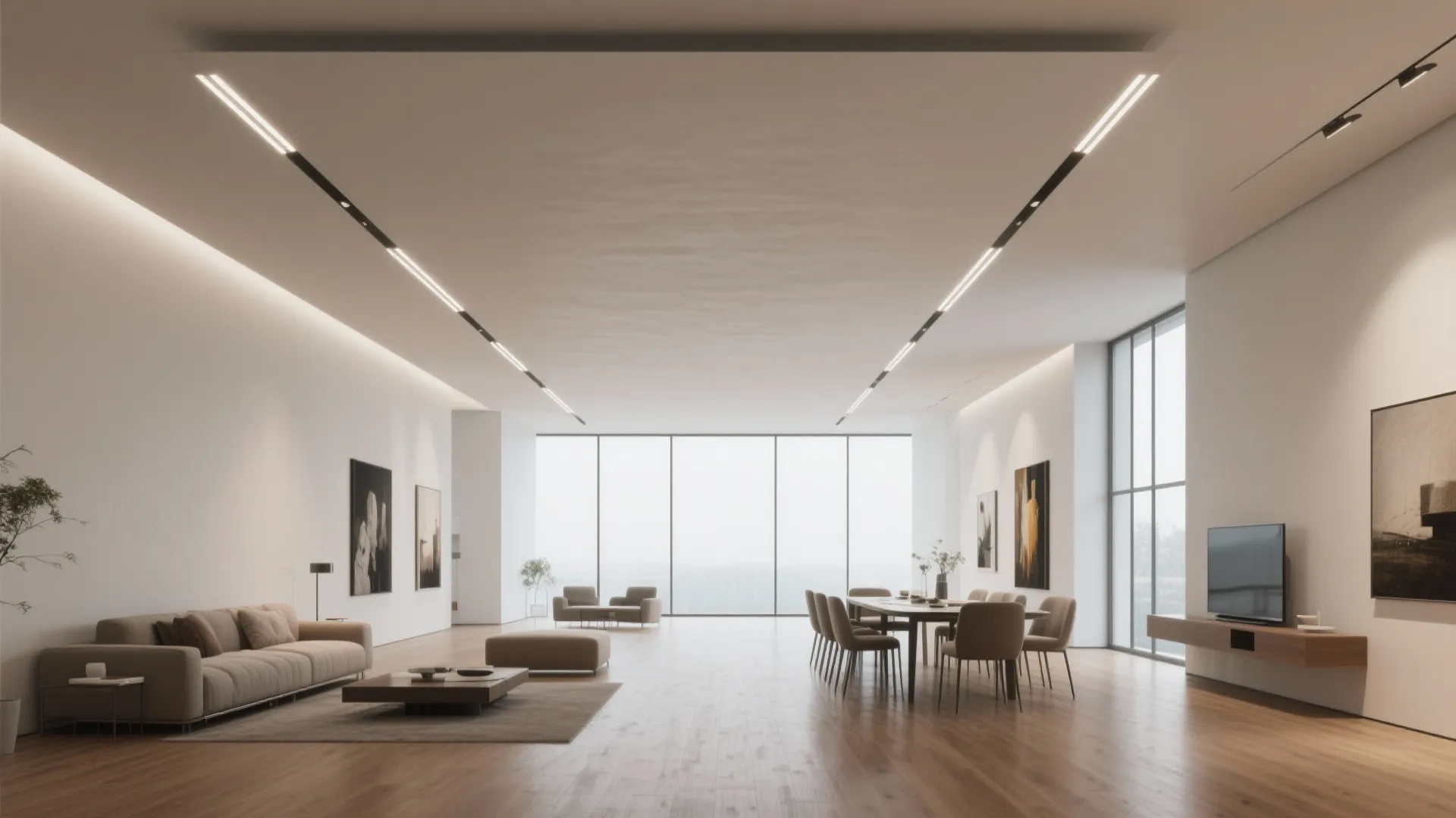 Large open room with wood floor long dining table grey sofa and linear ceiling light