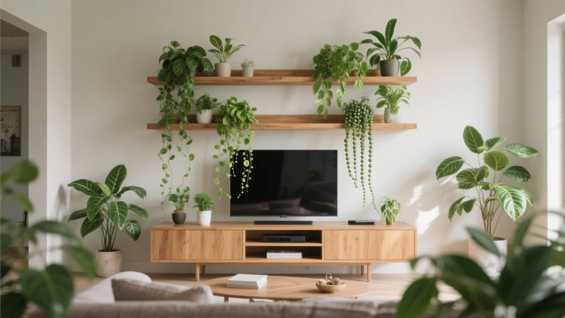 Modern living room featuring wooden TV cabinet with floating shelves holding many green indoor plants