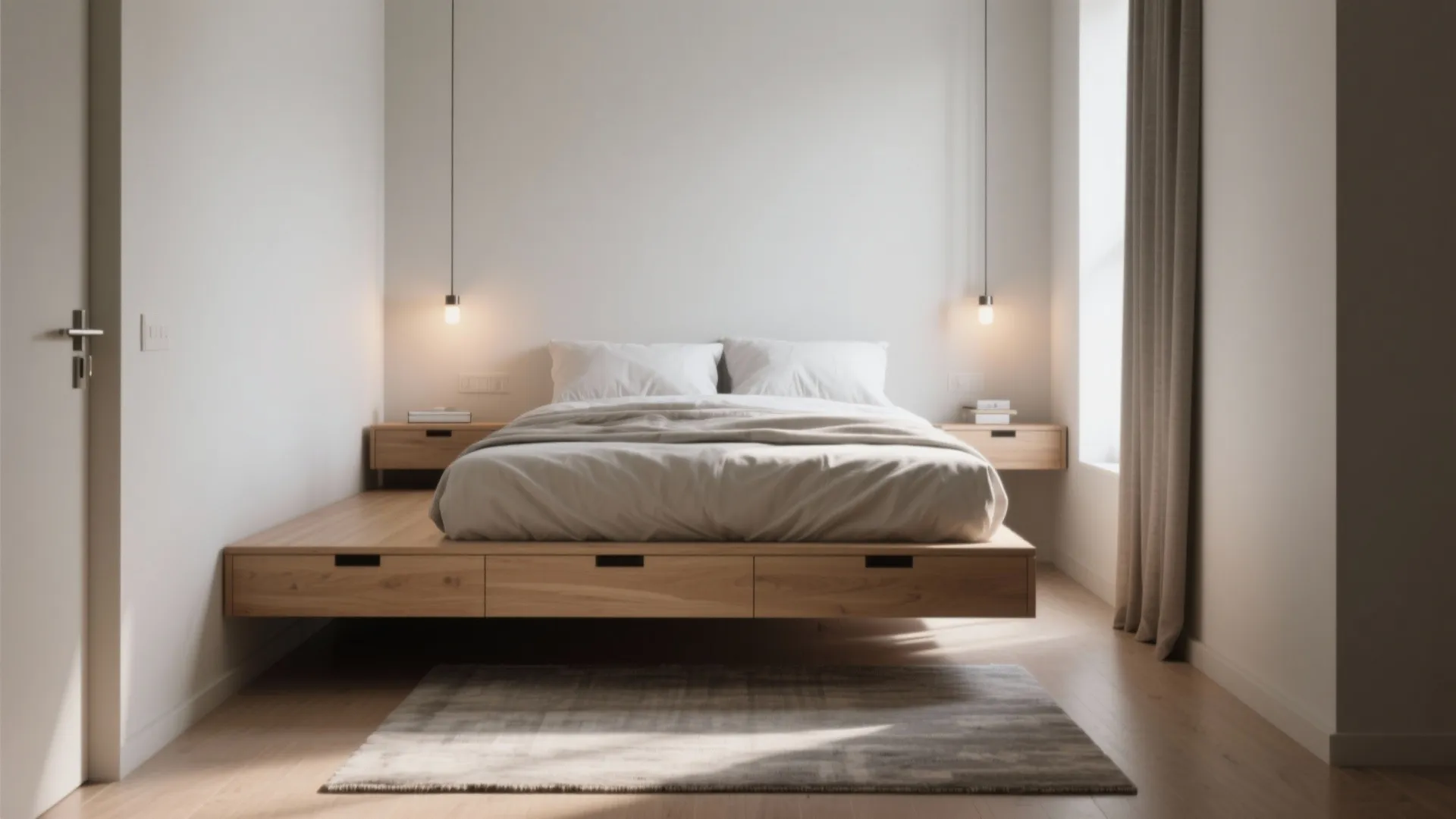 Floating bed platform in a narrow bedroom with shallow drawers and wall-mounted bedside tables, creating an airy circulation space.