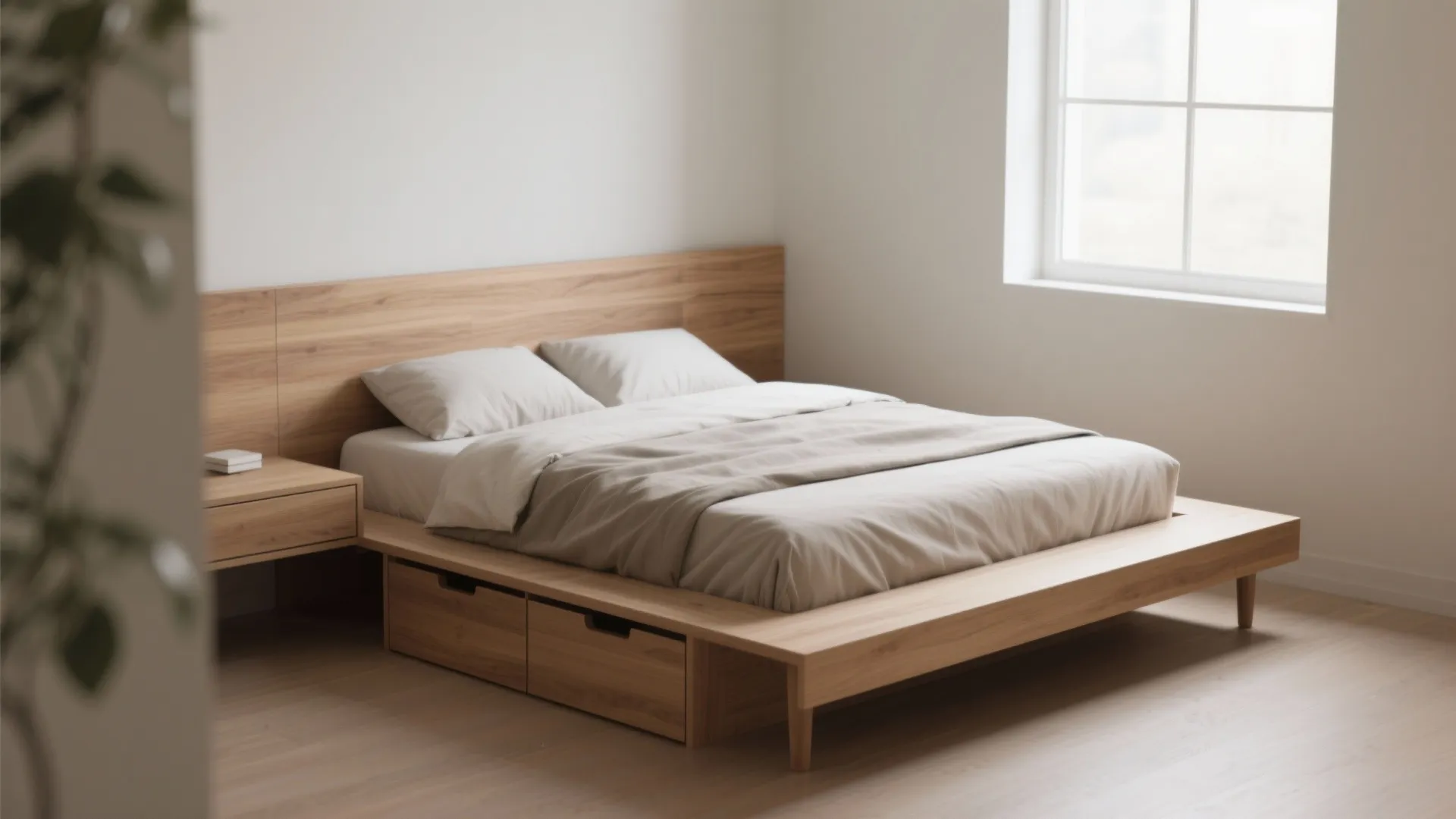 Minimalist wooden bed frame with built in storage drawers matching headboard and light wood flooring