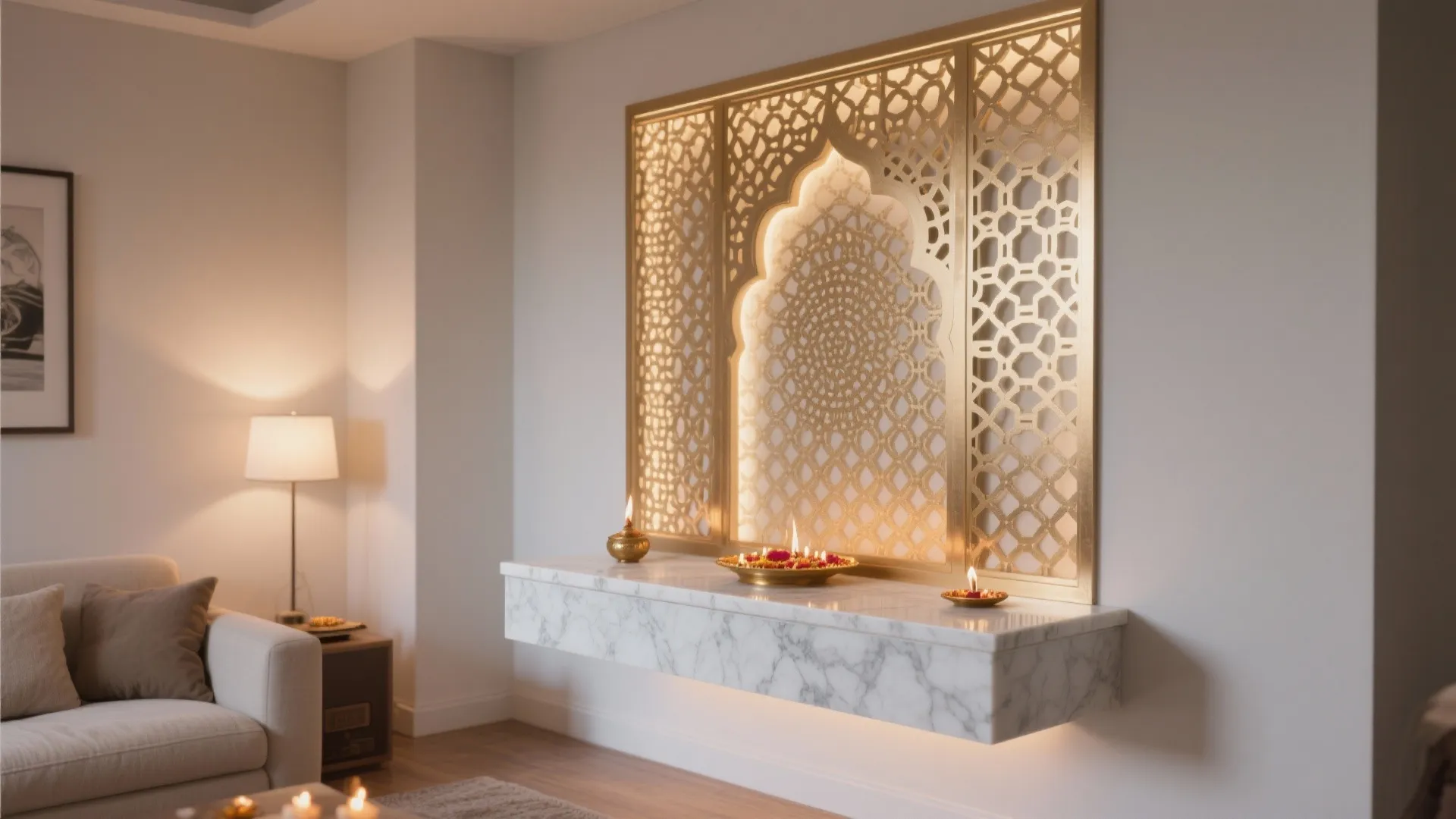 Floating Marble Plinth with Jali Backdrop