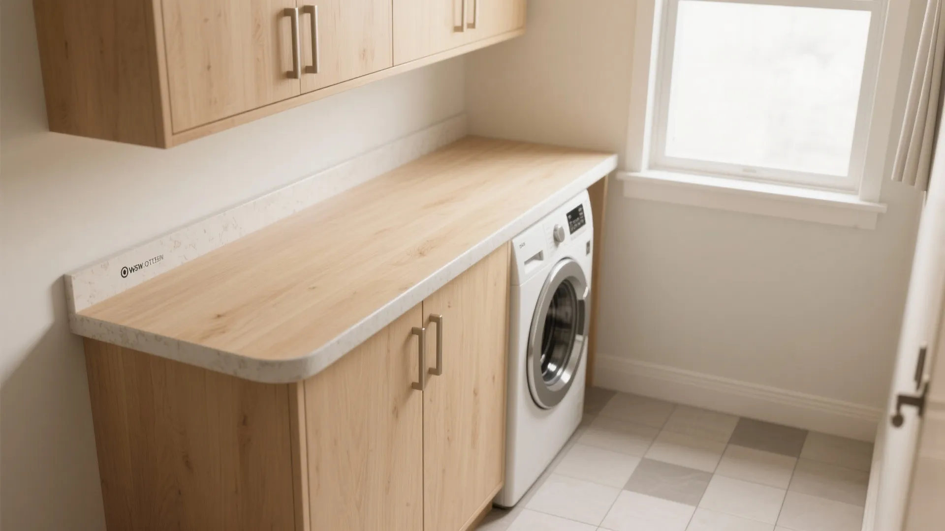 Laundry room with wooden cabinets light wood countertop white washing machine and a bright side window