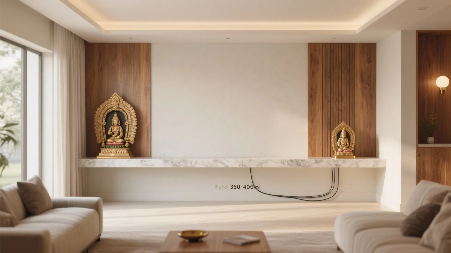 White living room wall featuring marble shelf gold statues wood panels and recessed ceiling light fixture