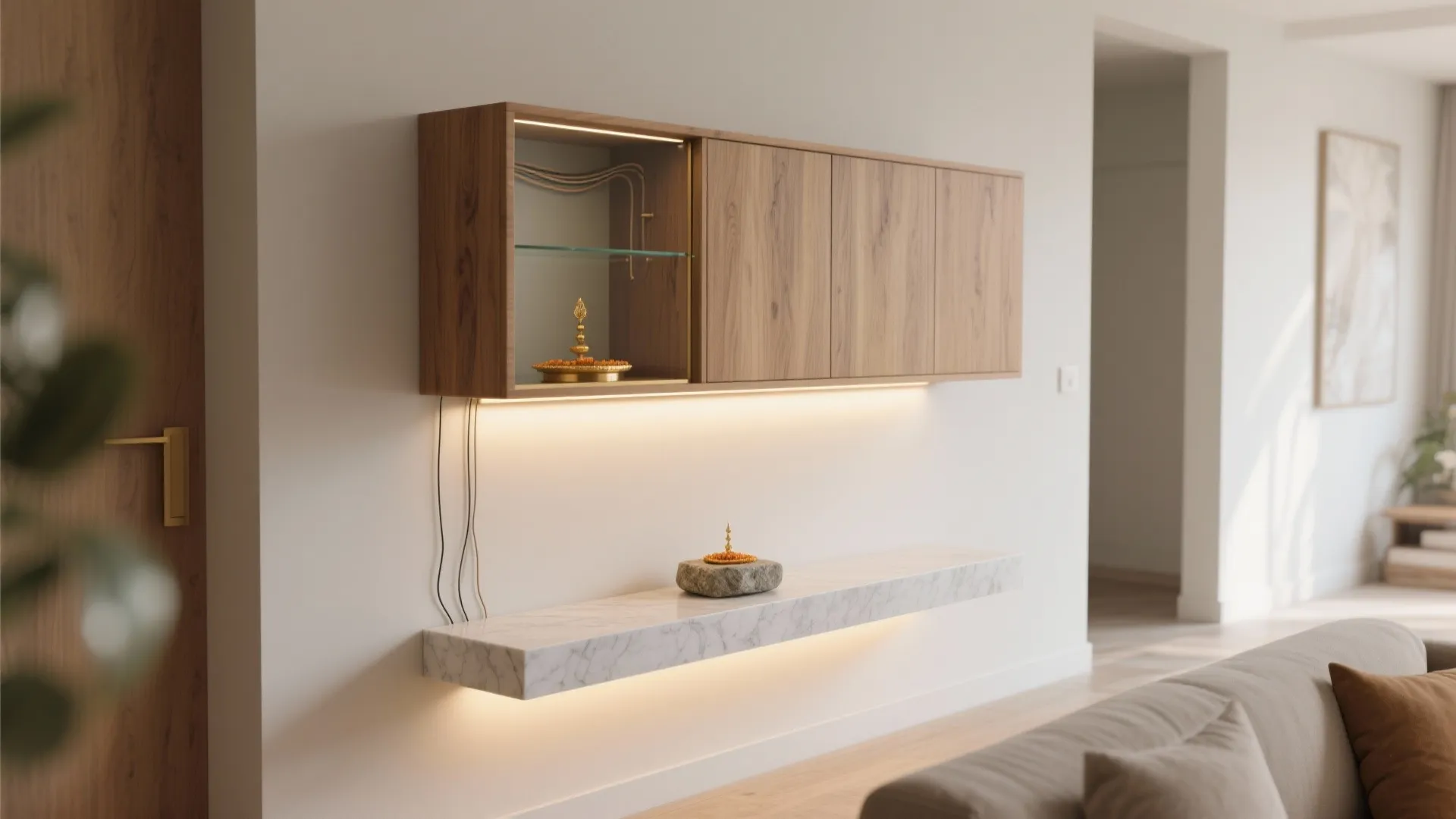 2) Floating wall-mounted pooja unit with under-shelf lighting