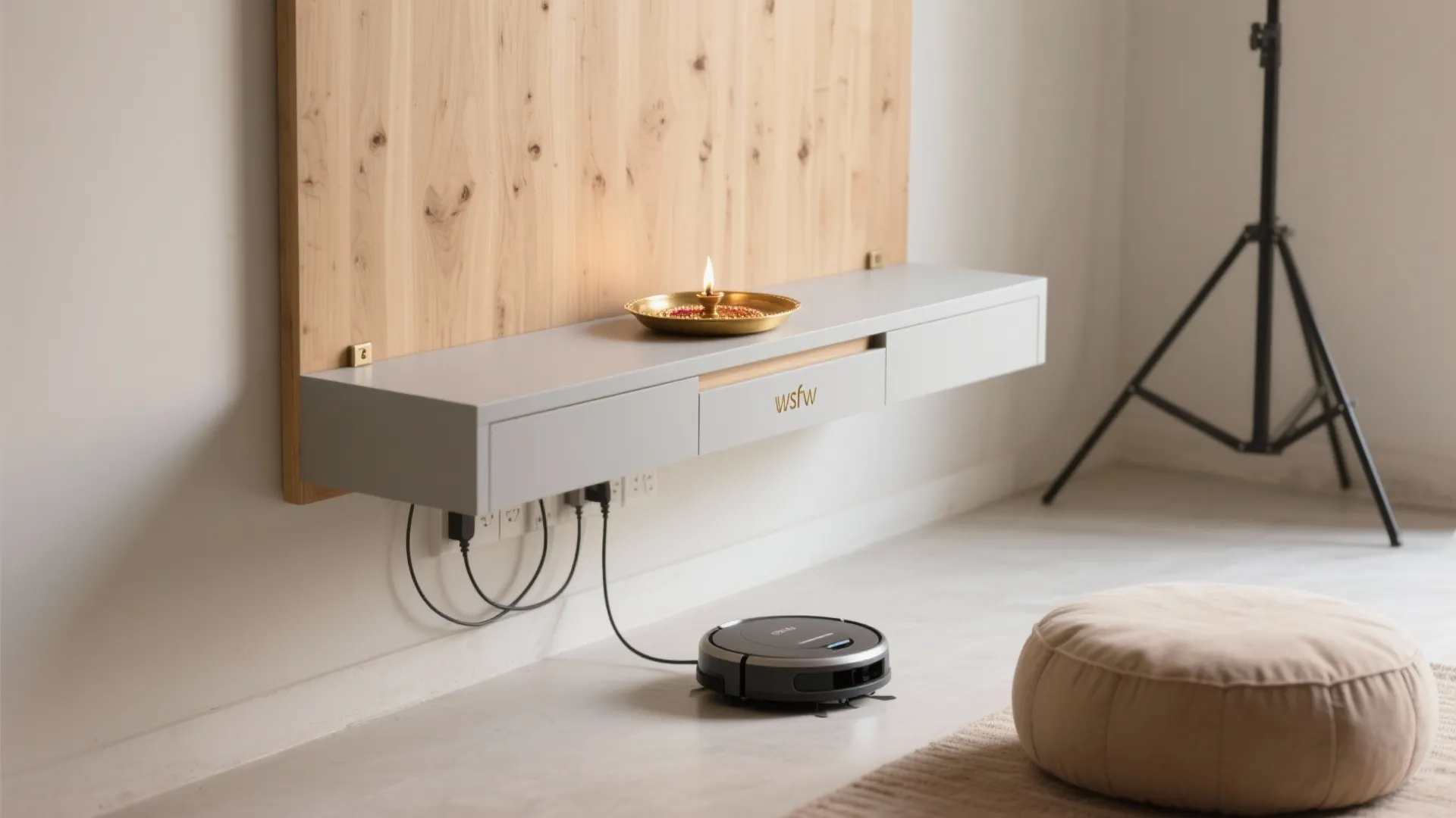 Floating, wall-mounted pooja unit for tiny apartments