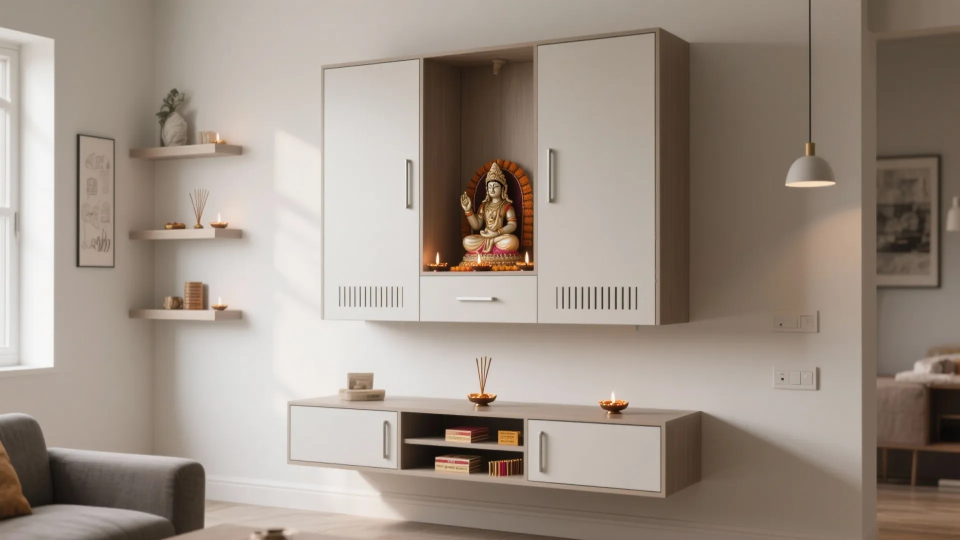 Wall-mounted pooja cabinet with concealed storage