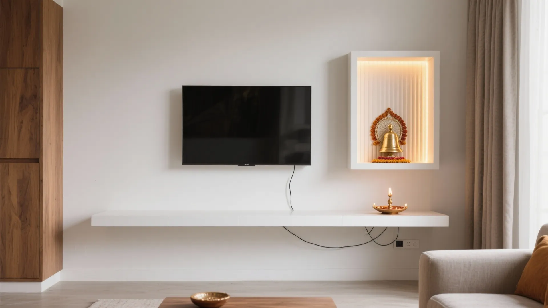 Minimal floating wall unit with recessed pooja niche