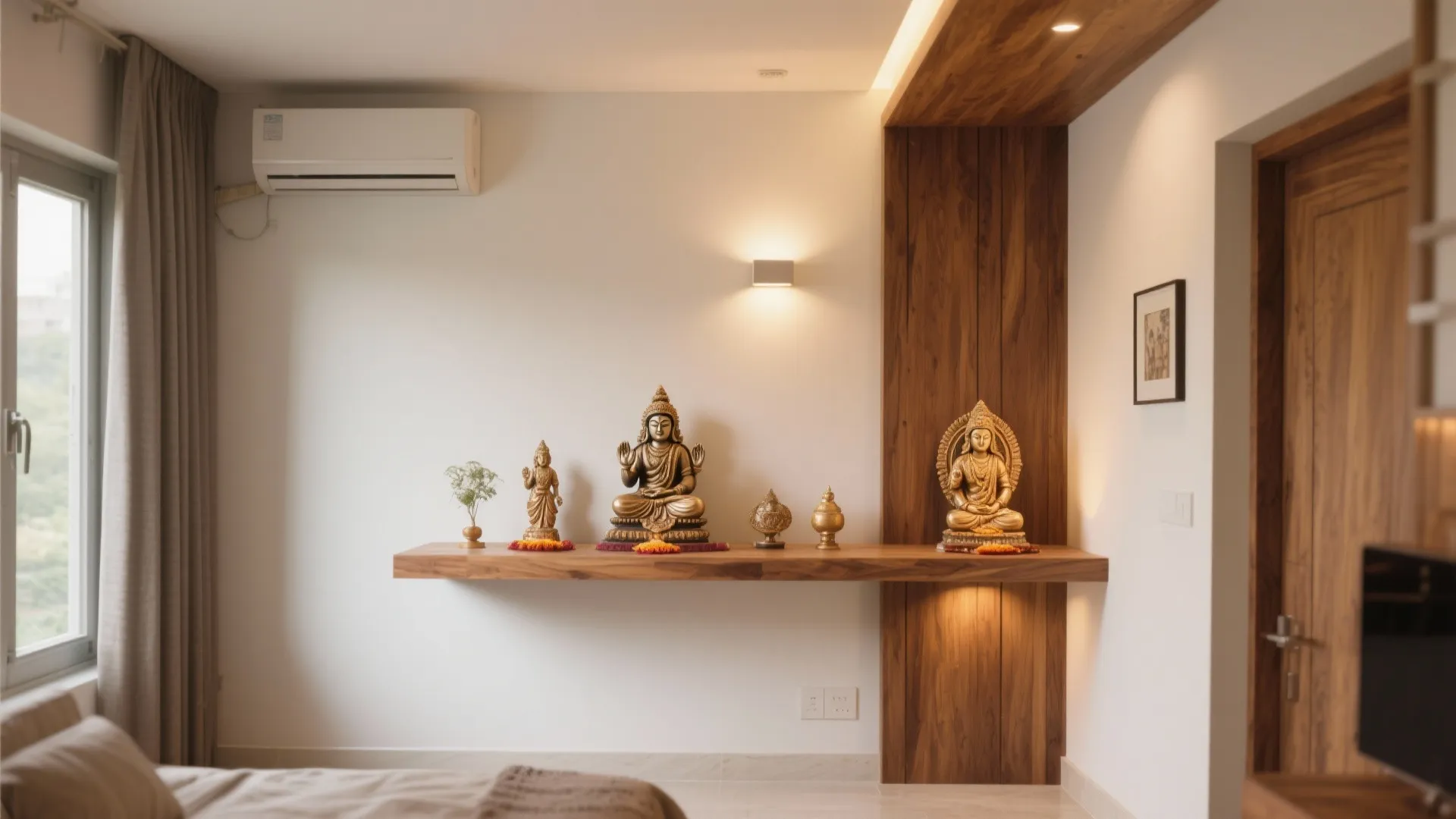Bedroom interior design with wooden floating shelf holding gold statues and matching wood wall paneling