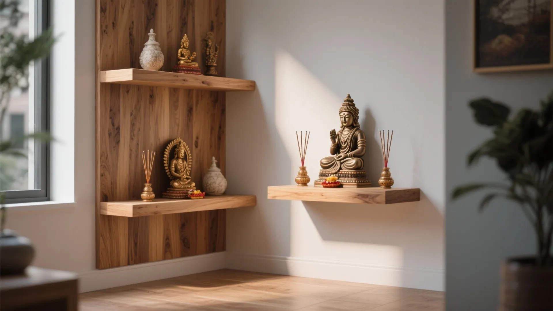 Floating wooden shelves in a corner with small golden statues and vases under warm sunlight