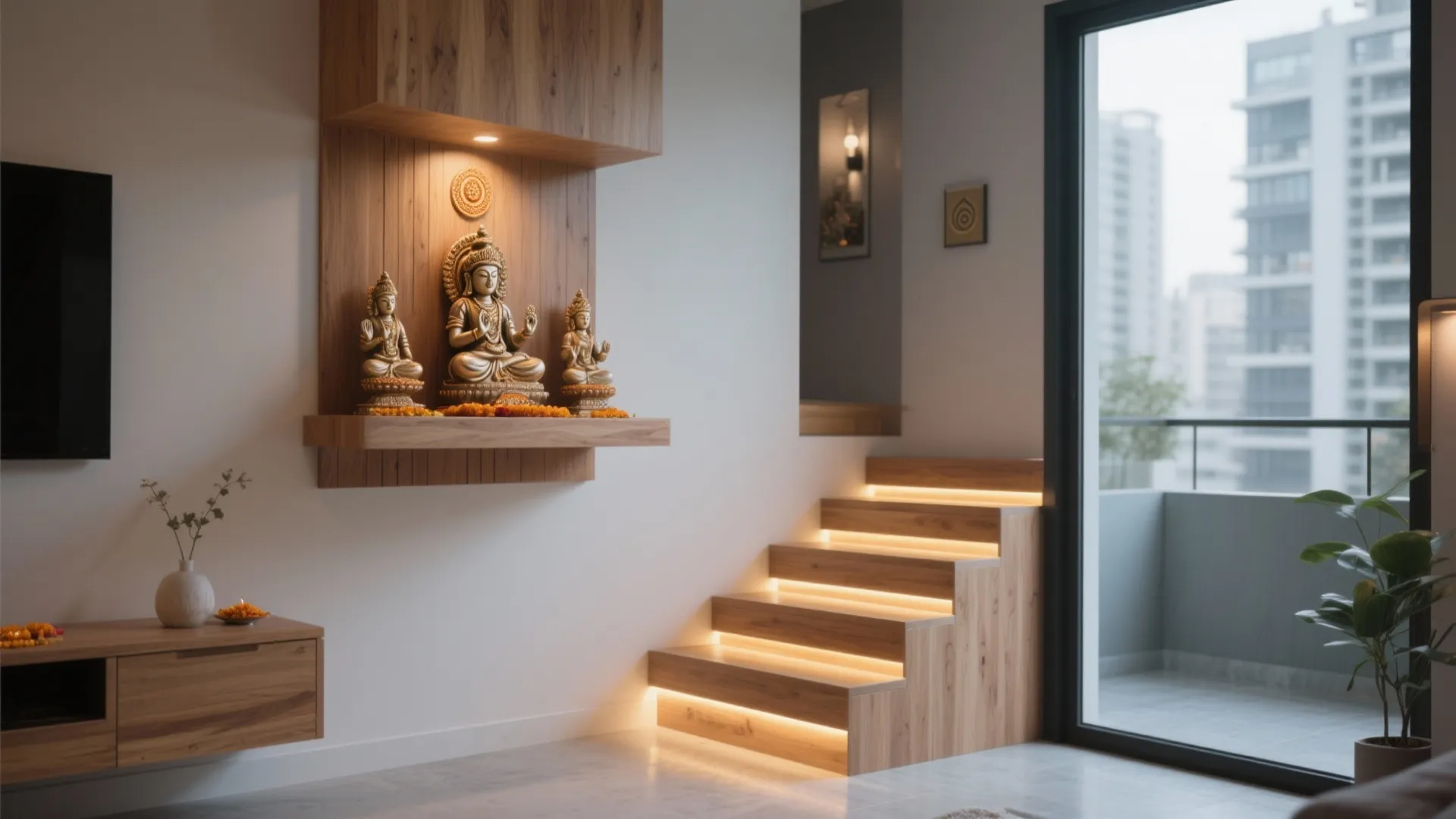 Modern interior with wooden stairs featuring warm under-step lighting and a religious statues wall shelf