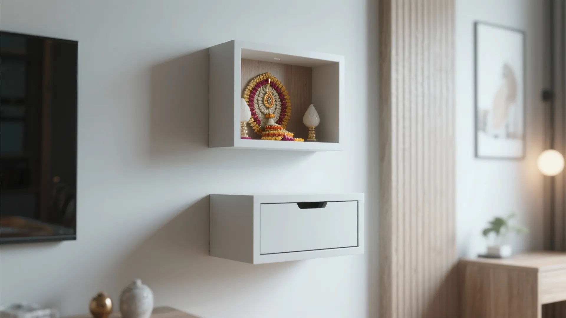 White wall mounted cabinet with a small prayer display and drawer in a modern living room
