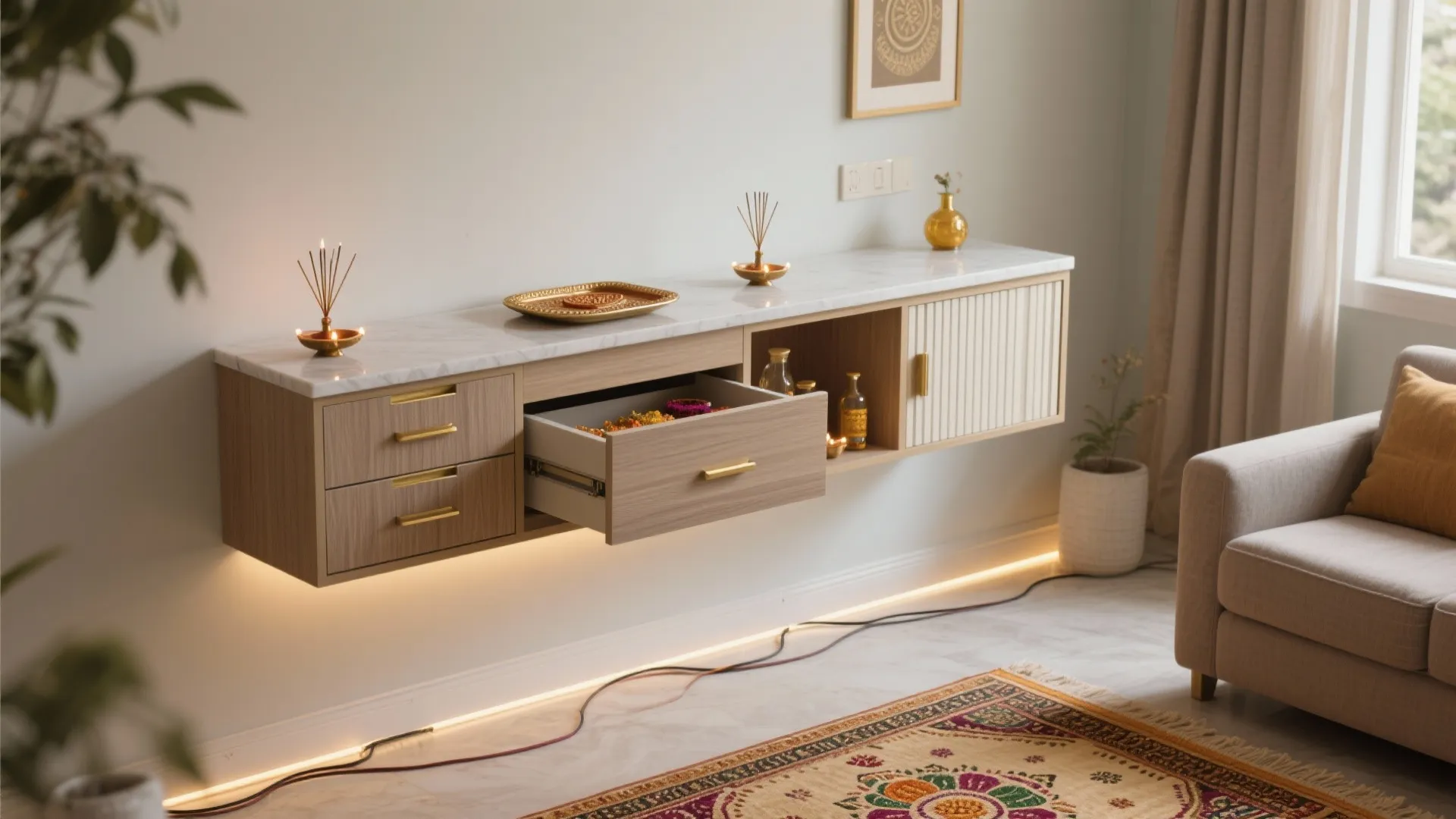 Wall-mounted pooja unit with concealed storage